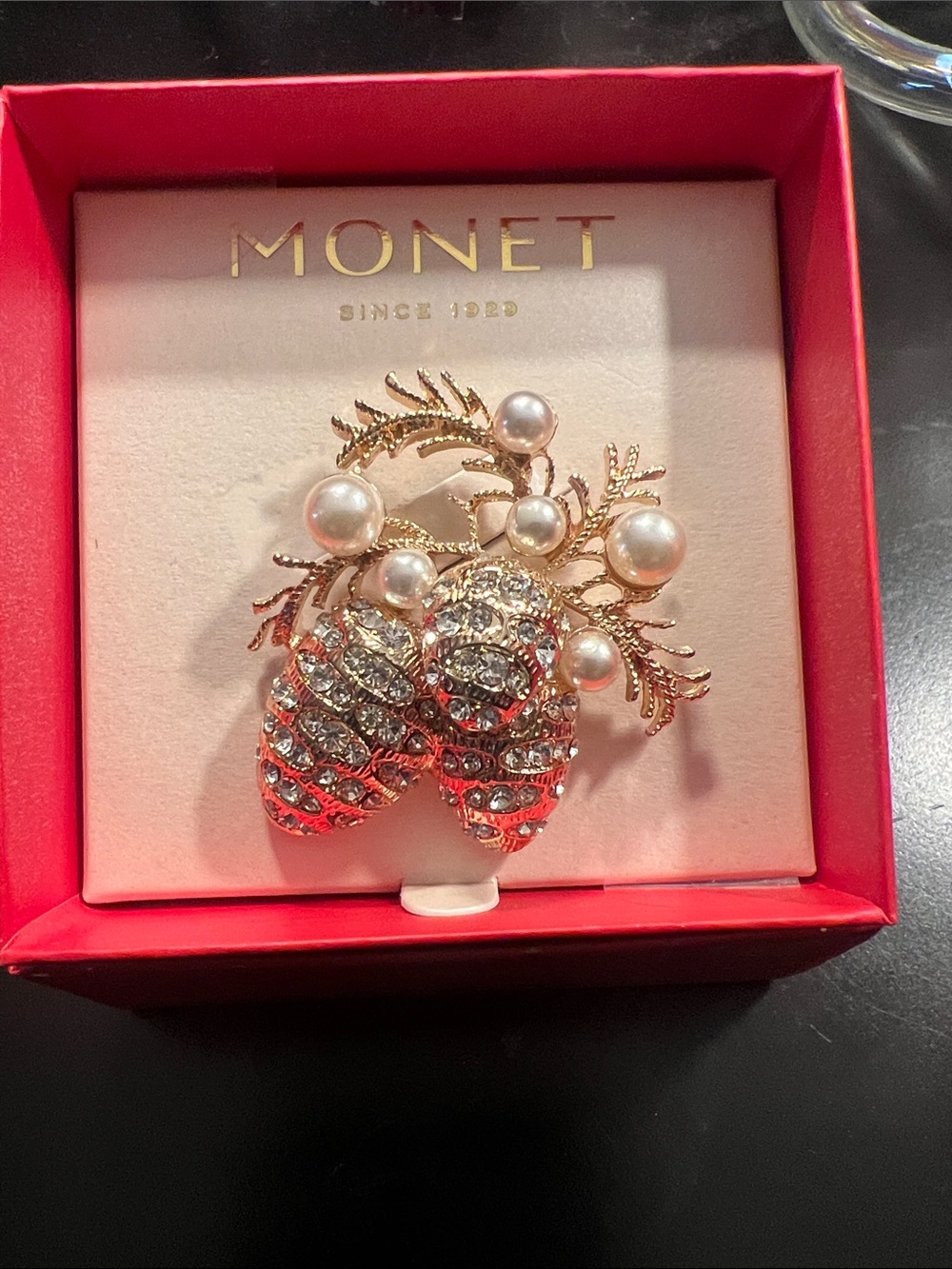 Monet Gold-Tone Pearl & Crystal Pinecone Brooch